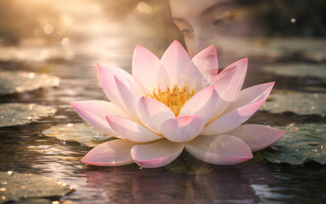 Flor de loto en pleno florecimiento sobre el agua con rostro femenino traslúcido, símbolo de armonía interior y desarrollo moral
