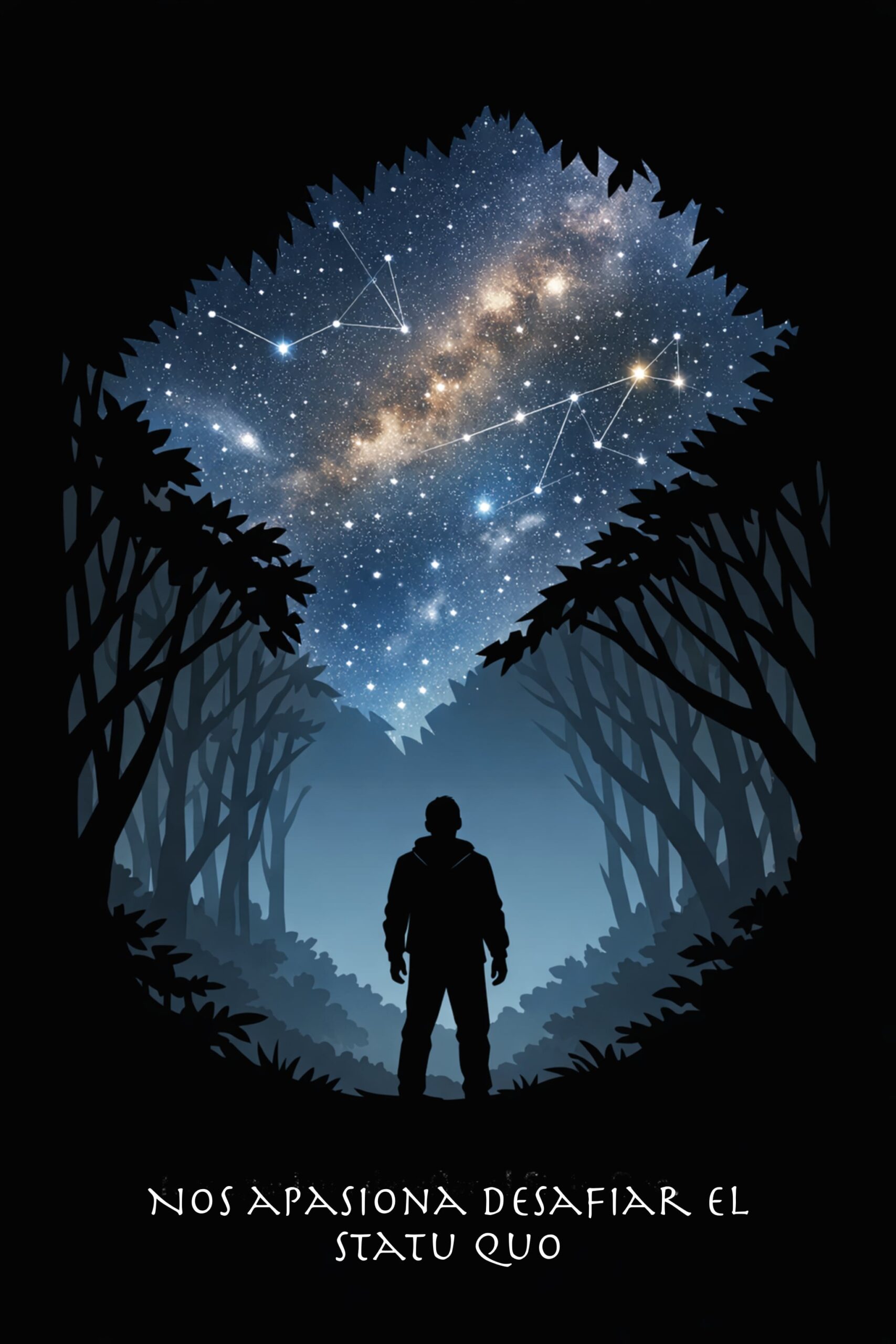 Más allá del bosque: Desafiando el statu quo Persona de pie en un bosque oscuro mirando hacia una abertura en el cielo que revela un universo estrellado.