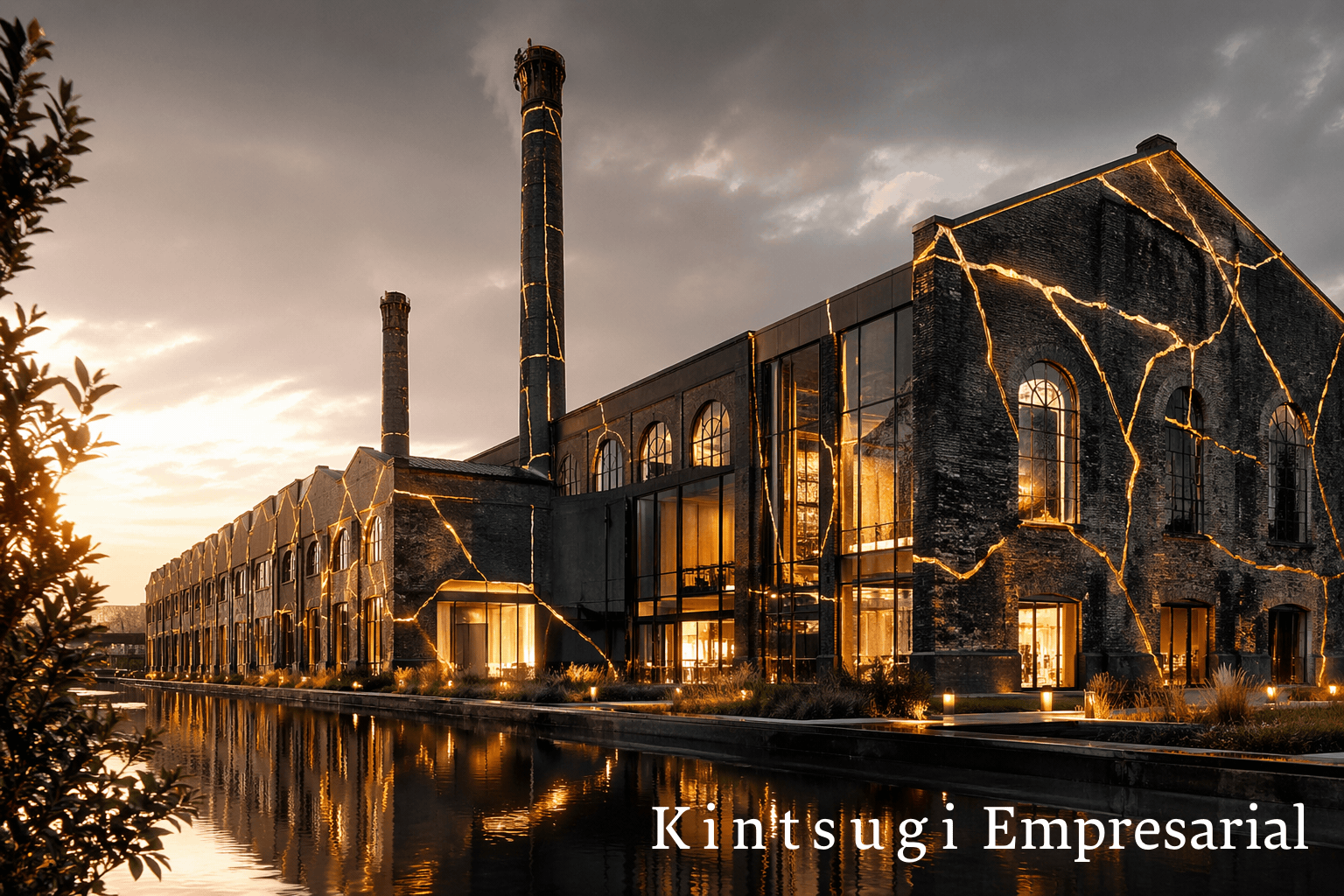 Industria restaurada con grietas de oro inspirada en Kintsugi.