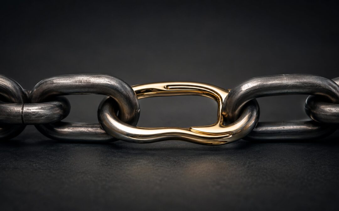 Cadena metálica fuerte con un eslabón dorado, delgado y decorativo que aparenta elegancia, pero no aporta solidez estructural.