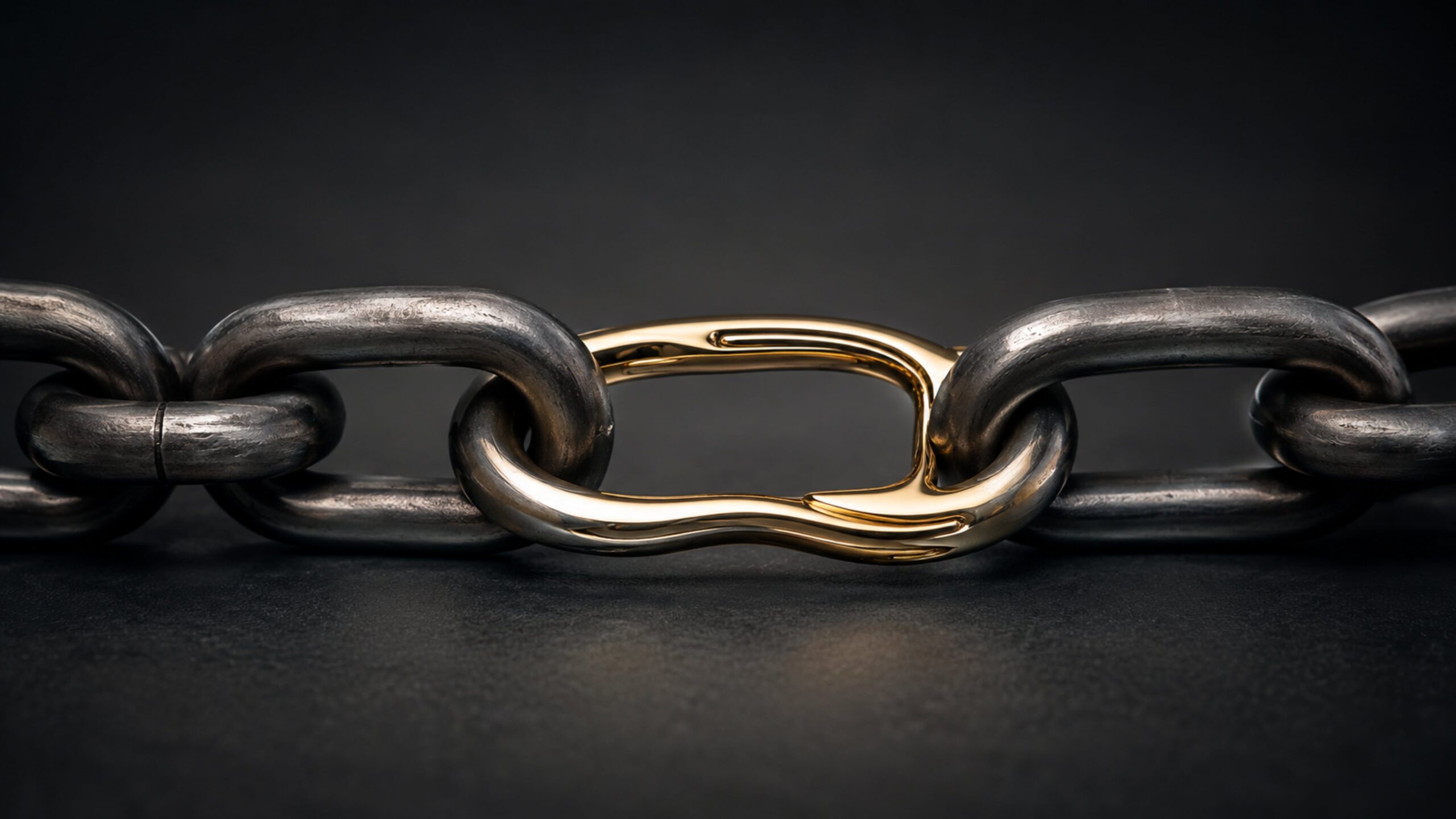 Cadena metálica fuerte con un eslabón dorado, delgado y decorativo que aparenta elegancia, pero no aporta solidez estructural.