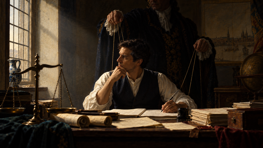 Contador ante un dilema ético, mientras una figura de poder intenta controlar sus decisiones mediante hilos, en una pintura inspirada en Vermeer.